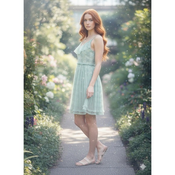Sage Dresses & Skirts - Fairycore Whimsical Baby Doll Dress Size Small Sheer Lace Sage Summer